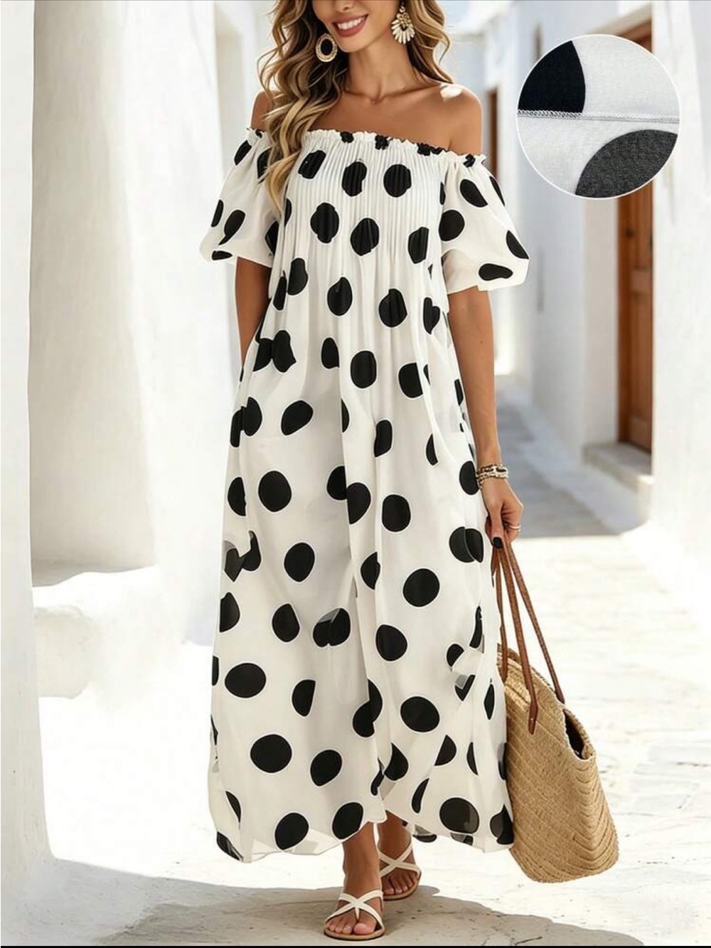 Off-Shoulder Black & White Polka Dot Maxi Dress - Picture 4 of 4
